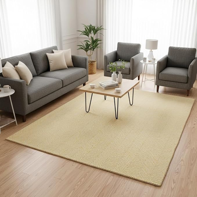 Modern Herringbone Chevron Collection Handcrafted Wool Area Rug - Durable, Zigzag Pattern, for High Traffic, Contemporary Design for Living Room, Bedroom, Dining Room Decor (Butter Yellow, 6' x 6')