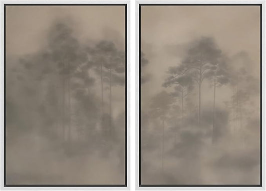 SIGNWIN Framed Canvas Print Wall Art Set Foggy Pine Forest Minimalist Monochrome Nature Illustrations Modern Art Scenic Colorful for Living Room, Bedroom, Office - 16"x24"x2 White