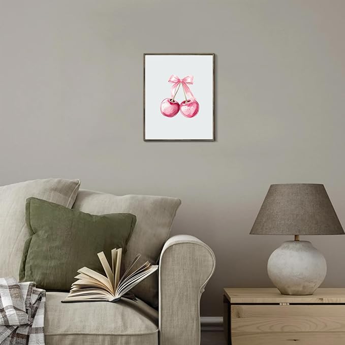 Trendy Pink Bows Wall Art Coquette Preppy, Vintage Preppy Cherry Posters Prints, Pink Girly Room Aesthetic Wall Decor Painting For College Dorm Living Room Bedroom Unframed 8x10