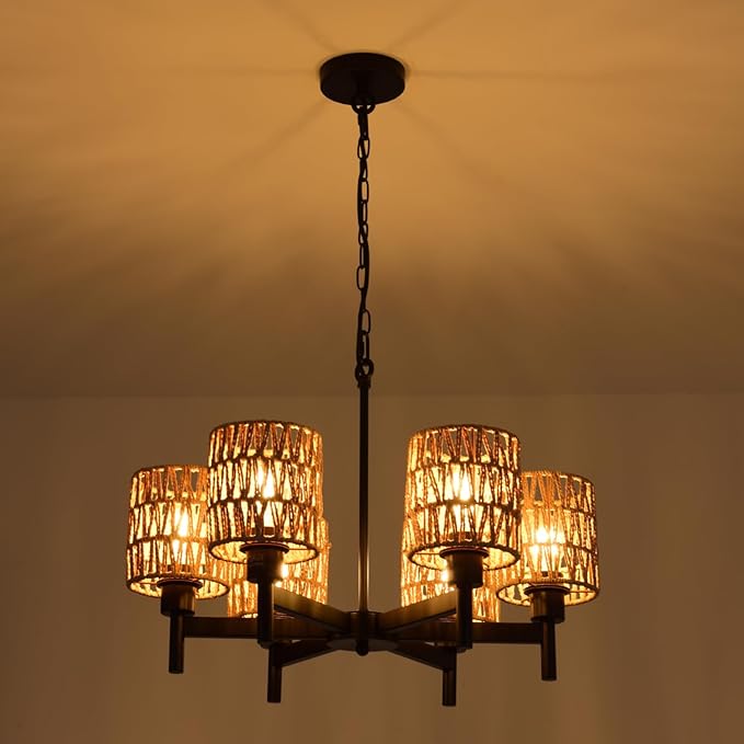6-Light Boho Rattan Chandeliers for Dining Room Black Farmhouse Pendant Lights Kitchen Island Adjustable Height Rustic Chandelier for Living Room Bedroom Entryway Foyer E26 Base