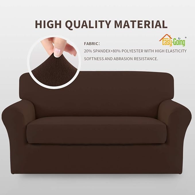 Easy-Going 2 Pieces Microfiber Stretch Sofa Slipcover – Spandex Soft Fitted Sofa Couch Cover, Washable Furniture Protector with Elastic Bottom Kids, Pet (Loveseat, Coffee)