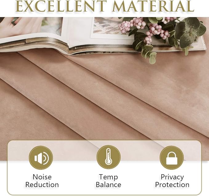 StangH Soft Beige Blush Velvet Curtains Light Dimming for Girls Bedroom, Luxury Look Solid Window Treatment Thermal Insulated Energy Efficient for Kitchen/Laundry, W52 x L63, 2 Panels