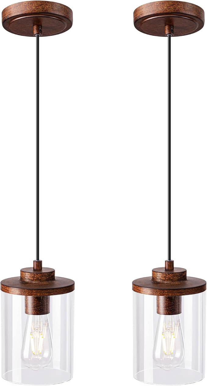 EDISHINE Modern Pendant Lights Kitchen Island, Clear Glass Shade, Farmhouse Adjustable Hanging Light with Wooden Grain Finish, E26 Base, Hardwired, for Dining, Sink, Bathroom, Hallway, Walnut, 2 Pack