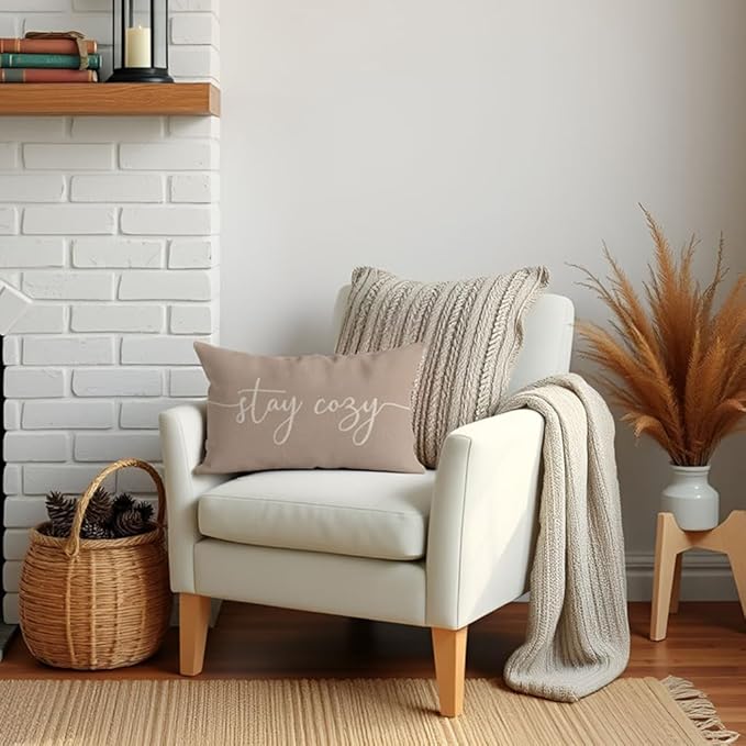 PANDICORN 12 x 20 Throw Pillow Cover Warm Beige, Stay Cozy Lumbar Decorative Cushion Case for Couch Sofa Bed, Farmhouse Fall Living Room or Entryway Bench Decor