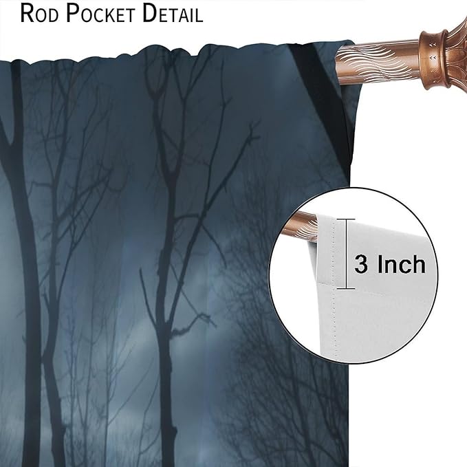 Forest Moon Gothic Blackout Curtains, Black Nature Tree Scenery Foggy Woodland Landscape Art Printed Window Drapes, for Living Room Bedroom 42(W)*84(L) 2 Panels