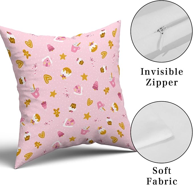 Kawani Pink Christmas Pillow Covers 18X18 in Cute Cupcake Gingerbread Pillowcase Set of 2 Sweet Cake Dessert Xmas Holiday Square Throw Pillow Case Home Decor for Living Room Bedroom Bed Cushion Couch