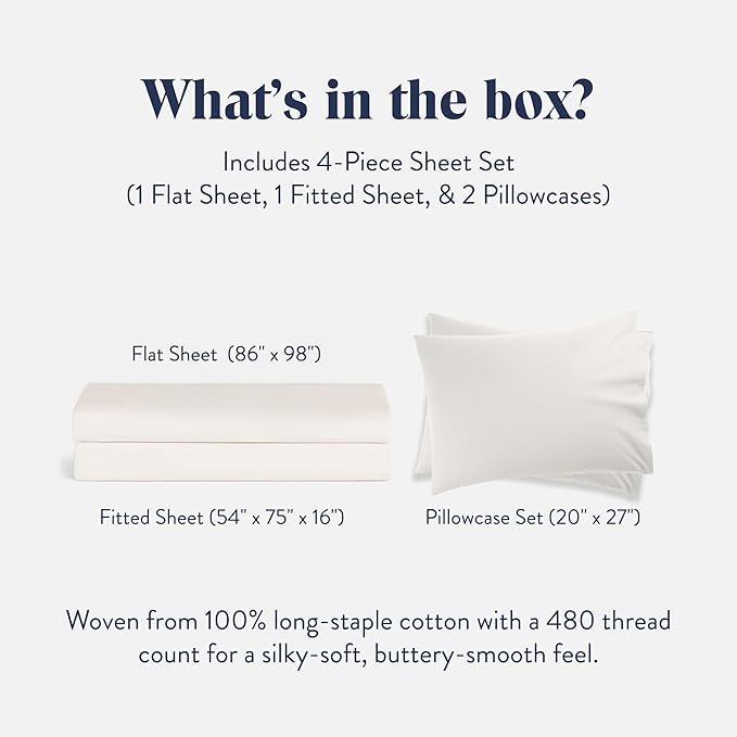 Brooklinen Luxury Sateen 4 Piece Sheet Set - 100% Cotton Bed Sheets, Soft & Durable Full Size Sheets Set in Cream, Oeko-TEX Certified Bedding Set, 1 Fitted Sheet, 1 Flat Sheet, 2 Pillowcases