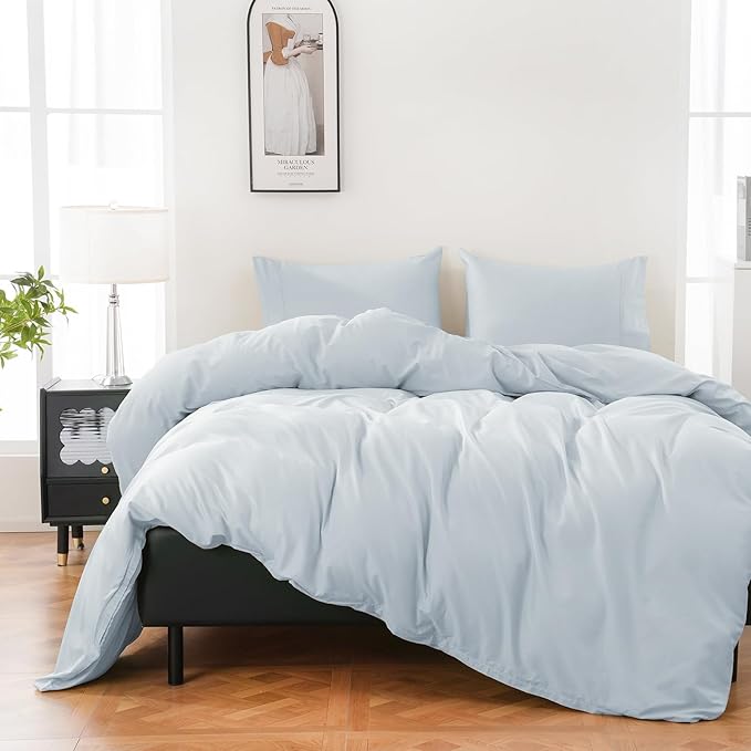 100% Organic Cotton Duvet Cover Queen Size 400 Thread Count Sateen Comforter Cover Soft and Breathable Cooling Bedding Set 3 Piece（Light Blue,Queen）