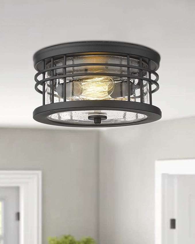 zeyu Flush Mount Ceiling Light, 2-Light Farmhouse Semi Ceiling Light Fixture for Kitchen Hallway 12 Inch, Black Finish with Seeded Glass, ZW01-F BK