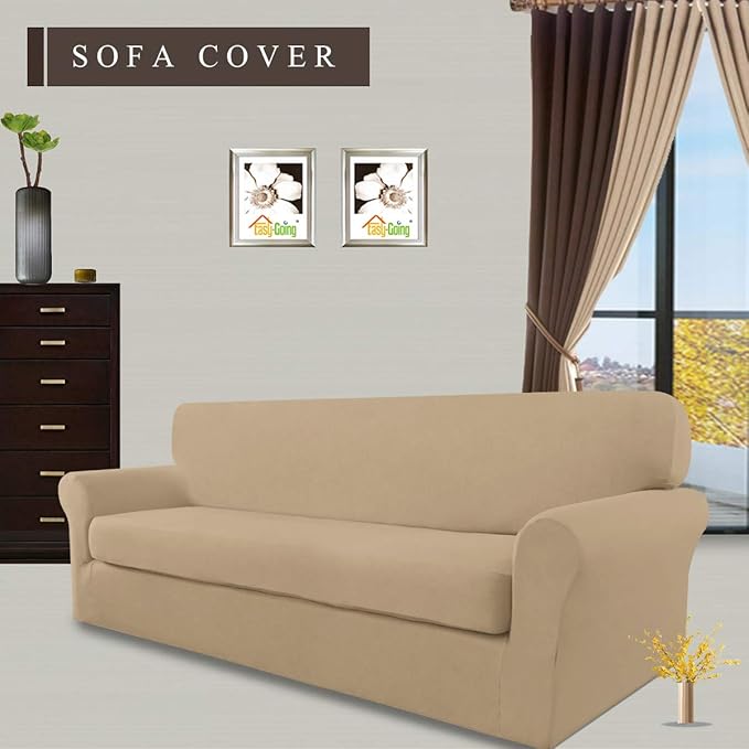 Easy-Going 2 Pieces Microfiber Stretch Sofa Slipcover – Spandex Soft Fitted Sofa Couch Cover, Washable Furniture Protector with Elastic Bottom Kids,Pet (Oversized Sofa, Pale Yellow)