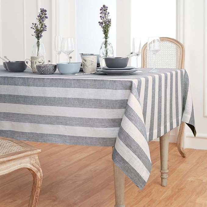 Solino Home Linen Tablecloth 60 x 120 Inch - Cabana Stripe 100% Pure Linen Grey and White Table Cloth for Rectangle Tables - Machine Washable Tablecloth for Fall, Autumn, Thanksgiving, Christmas
