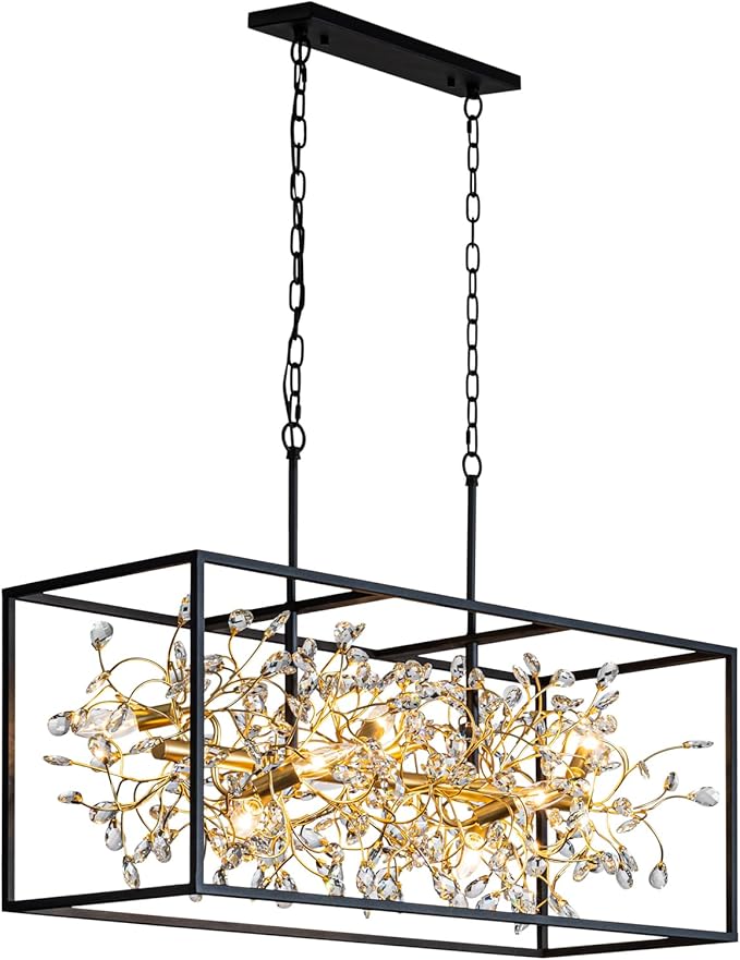 Vezzio Black and Gold Chandelier, 8-Light Rectangle Crystal Chandeliers Rectangular Modern Luxury Pendant Light Fixture for Dining Room Kitchen Island Large, L38.5 Inch