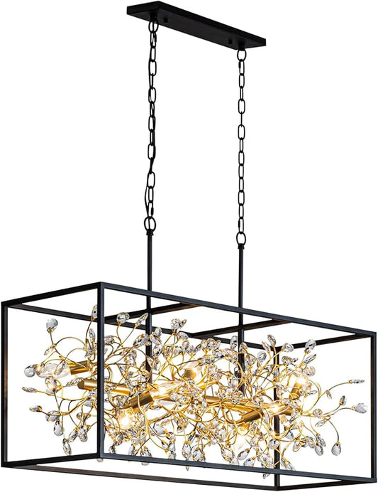 Vezzio Black and Gold Chandelier, 8-Light Rectangle Crystal Chandeliers Rectangular Modern Luxury Pendant Light Fixture for Dining Room Kitchen Island Large, L38.5 Inch