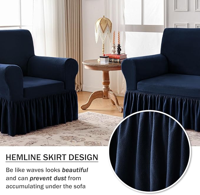 NICEEC Loveseat Cover Thick Plush 1-Piece Warm Navy Blue Slipcover for Loveseats Stretch Fluffy Couch Covers for Living Room Easy Fit Washable Soft Furniture Sofa Protector with Skirt