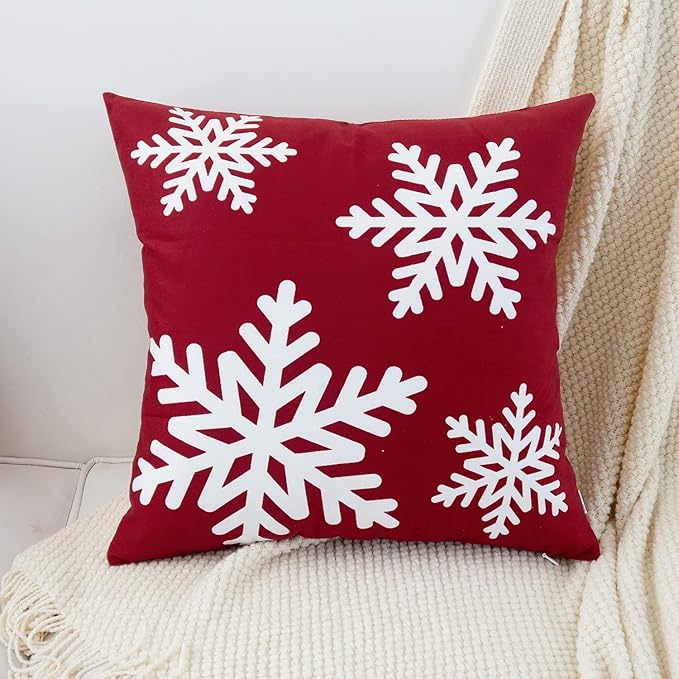 HWY 50 Red Throw Pillow Covers 18x18 Inch for Couch Sofa Living Room, Decorative Soft Christmas Snowflakes Print Square Throw Pillows Cases Set Cushion Cover Pack of 2