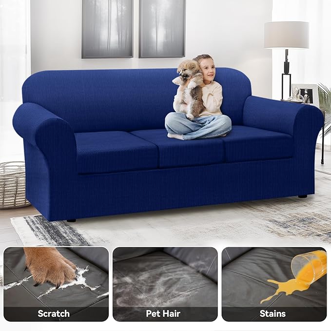 100% Waterproof Extra Large Couch Cover 4-Piece Set Striped Sofa Slipcovers for 3 Cushion Couch Covers with TPU Leakproof Bottom Stretch Protector Pet Proof - Sofa(3-Cushion), Navy