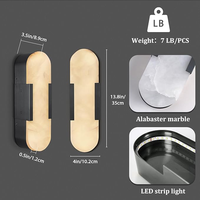 Alabaster Wall Sconce, 13.8" Natural Marble Wall Sconce, Black Alabaster Sconces Set of Two, Indoor Modern Bathroom Sconces Wall Lighting for Living Room, Bedroom, Hallway, Stairs