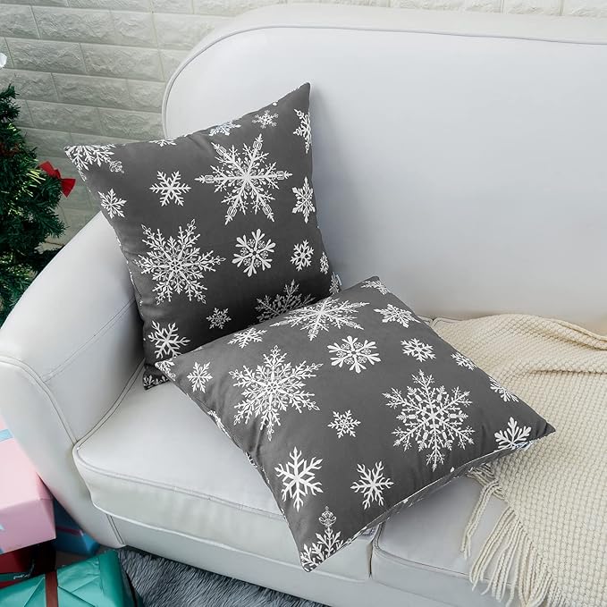 HWY 50 Grey Gray Decorative Throw Pillow Covers 16x16 Inch for Couch Sofa Living Room Bed, Soft Christmas Big and Small Snowflakes Print Throw Pillows Cases Set Cushion Cover Pack of 2