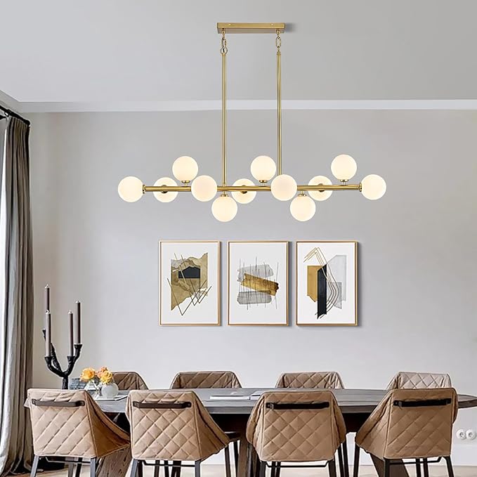 50" Long Modern Sputnik Globe Chandelier, Large 12-Light Mid Century Light Fixture Over Table, Brass Gold Linear Chandeliers for Dining Room and Kitchen Island (Milk White Glass Bubble Shades)
