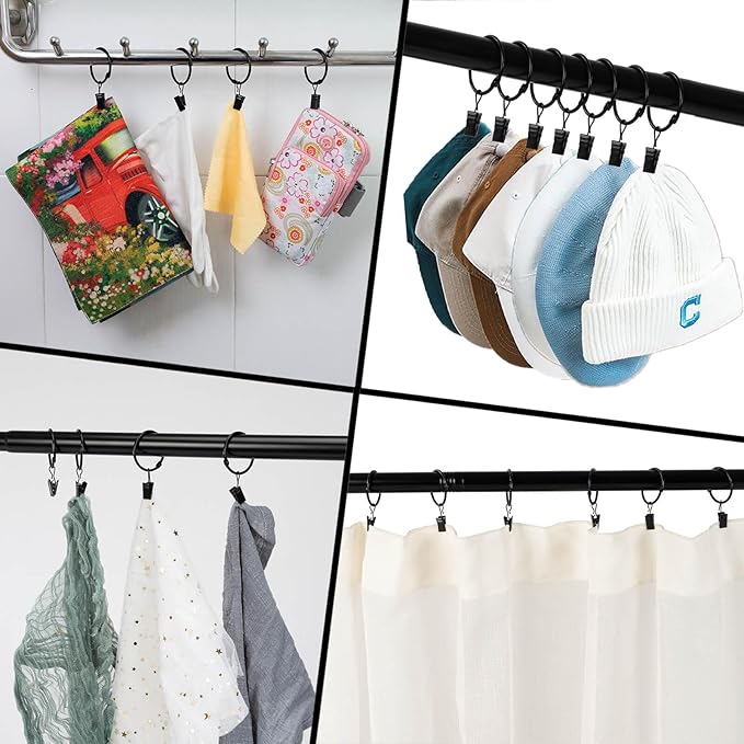 Openable Curtain Rings with Clips,1.5inch Inner Diameter,Heavy Duty Rustproof Metal Decorative Vintage Drapery Rings Curtain Clips Rod Hangers Door Curtain and Shower Curtain Rings Black Zocang