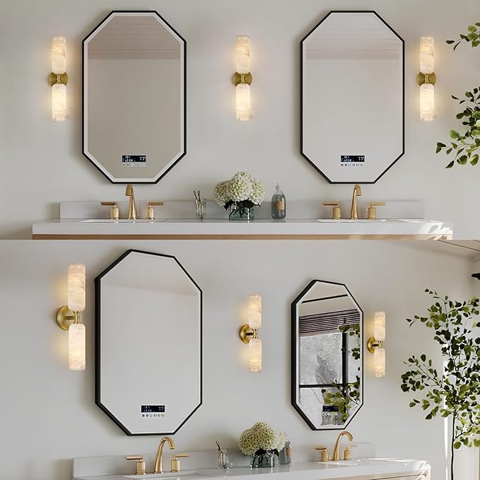 20in Alabaster Wall Sconces Set of Two, Modern Spanish Natural Marble Bathroom Vanity Sconces, Brass Alabaster Sconce Wall Lighting, Gold Wall Light Fixtures Decor for Bedroom Living Room Staircases