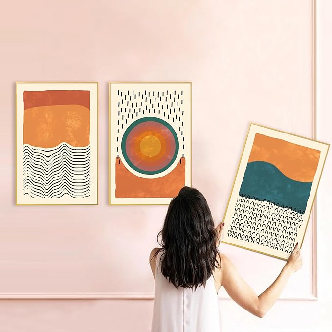 HPINUB Boho Abstract Framed Canvas Prints Wall Art Set, Mid-Century Color Block Shape Wall Decor, Minimalist Illustrations Art Photos for Living Room, Bedroom, Dining Room, Office, Bathroom -