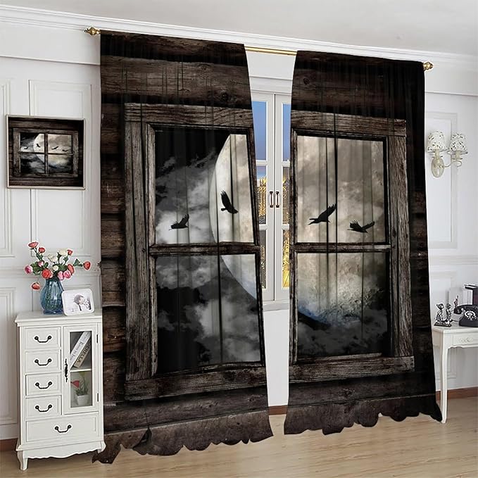Gothic Halloween Blackout Window Curtains, Black Birds Crow Dark Print Window Drapes, for Home Kids Boys Bedroom Living Room 21(W)*63(L) 2 Panels