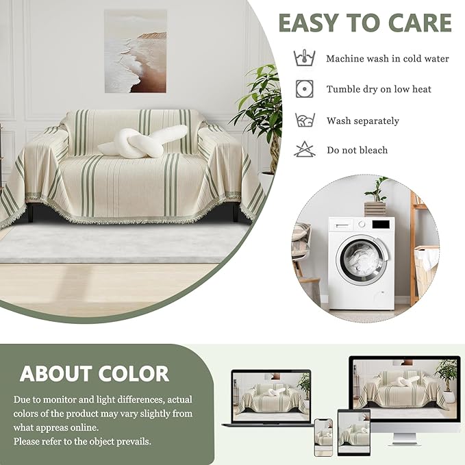 DREAMINGO Chenille Armchair Cover Jacquard Sofa Covers Washable Furniture Protector Recliner Couch Cover 1 Cushion Reversible Chair Cover Beige Green Striped Couch Cover Blanket 71"x 71"