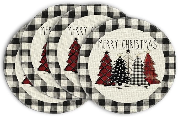 Artoid Mode Waterclor Buffalo Plaid Christmas Trees Merry Xmas Round Placemats Set of 4, 14 Inch Seasonal Winter Round Table Mats for Dining Decoration