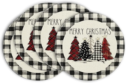 Artoid Mode Waterclor Buffalo Plaid Christmas Trees Merry Xmas Round Placemats Set of 4, 14 Inch Seasonal Winter Round Table Mats for Dining Decoration
