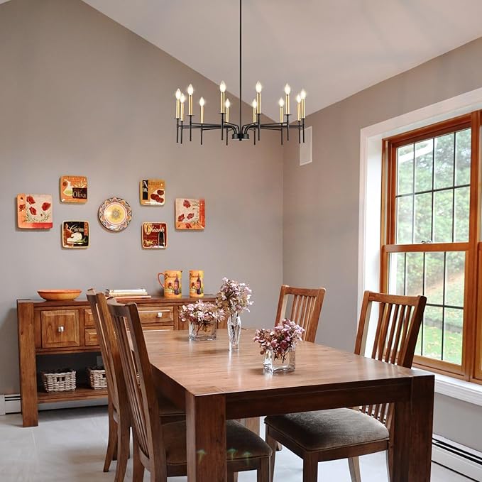 Modern Dining Room Light Fixture 12-Light,Farmhouse Black and Gold Chandelier, Metal Candle Chandeliers for Dining Room, Kitchen, Living Room, Bedroom, Foyer, Staircase, Entryway