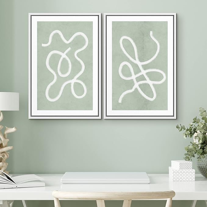 SIGNWIN Framed Wall Art Print Set White Line Over Contrasting Green Background Abstract Swirly Digital Art Modern Art Mid-Century Modern Expressive for Living Room, Bedroom, Office - 16"x24"x2 White