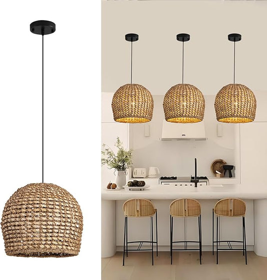13.77" Brown Rattan Pendant Light Fixtures,1-Light Boho Seagrass Pendant Light,Hand Woven Water Plants Rattan Chandelier for Dining Living Bedroom Kitchen Farmhouse