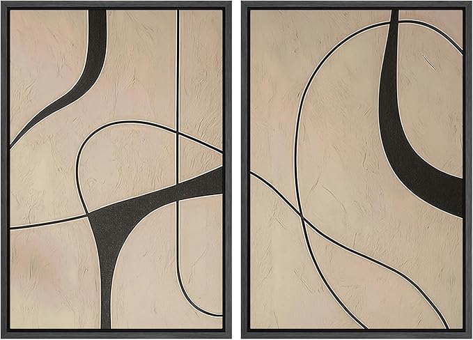 SIGNWIN Framed Canvas Print Wall Art Set Modern Beige and Black Abstract Curve Minimalist Geometric Modern Art Minimal Boho Relax/Calm for Living Room, Bedroom, Office - 24"x36"x2 Black