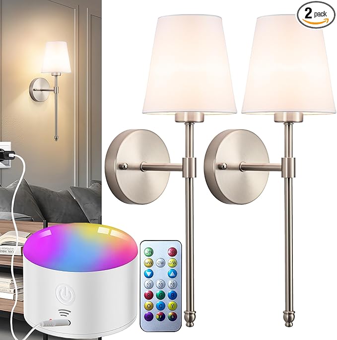 Battery Operated Wall Sconce Set of 2, Rechargeable Wall Sconce with 10000mAh Bulb and Remote Control, Up to 50 Hrs Use, RGB Dimmable Wireless Wall Lights for Living Room Bedroom Hallway