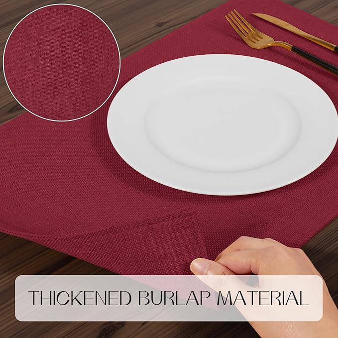 Romanstile Cloth Placemats Set of 6-12 x 18 Inch, Heat Resistant Double Layered Thickened Burlap Christmas Place Mats, Washable Faux Linen Farmhouse Table Mats for Kitchen/Dining/Party/Outdoor, Red