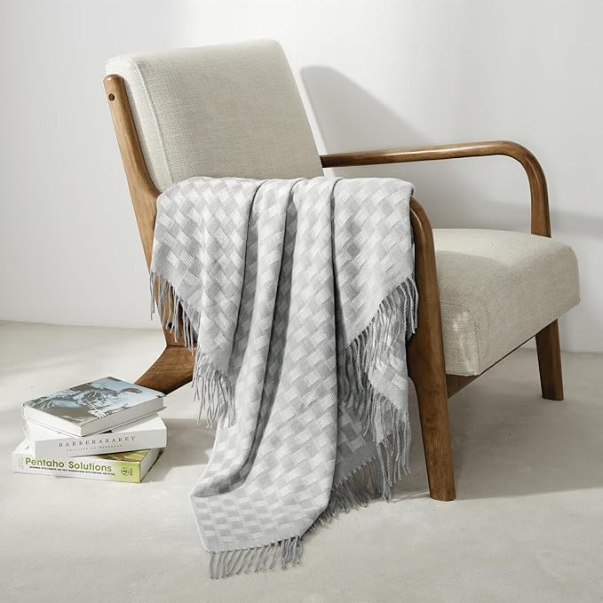 CREVENT 50"X60" Farmhouse Lightweight Breathable Soft and Warm Checkered Plaid Throw Blanket for Sofa Couch Bed, Faux Cashmere Home Decoration Throw with Tassles (Grey)