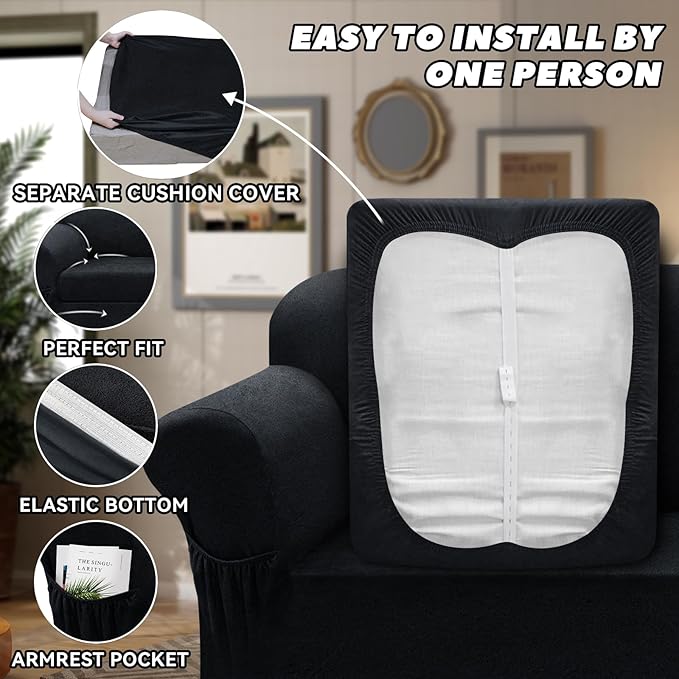 Sofa Slipcover with Armrest Pockets 3-Piece Set, Stretch Faux Leather Couch Cover for 2-Cushion Couches(Fits 72-92") - Non-Slip, Machine Washable, Pet & Kid Friendly - Dark Gray