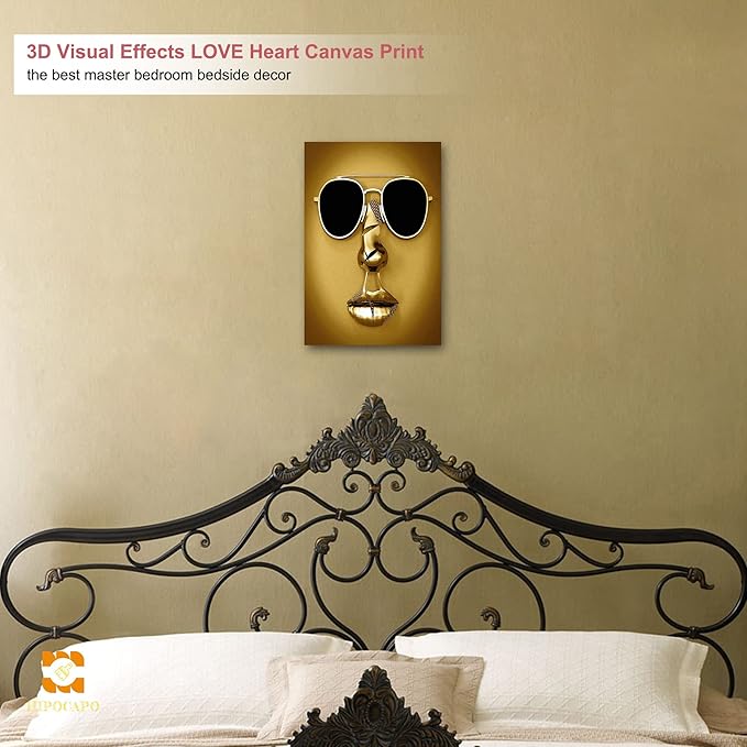 3D Metal Effect Wall Art - 3D Wall Art Decor Artwork Wear Sunglasses Golden Figure Statue Modern Art Canvas Painting, Large Wall Art for Bedroom Dercorations Framed 12”x18”x1Pcs