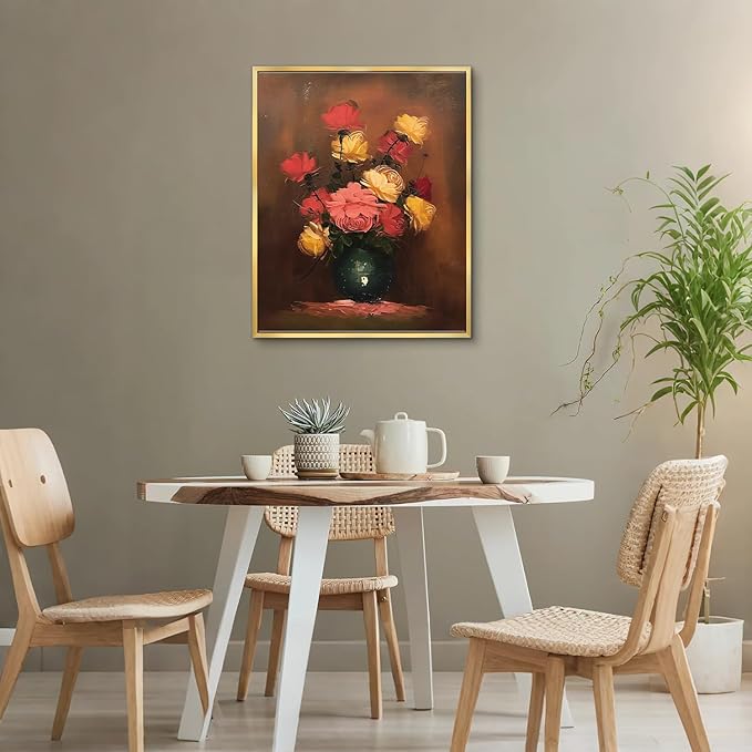 AIMAILON Vintage Gold Canvas Wall Art Framed Decor for Living Room Kitchen Classical Still Life Three Color Rose Artwork Warm Moody Botanical Aesthetic Picture Home Decoration 16x20