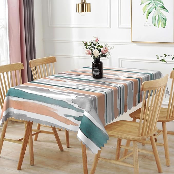 54x120inches Modern Rectangle Tablecloth Teal Orange Grey Abstract Painting Aesthetic Stripe Table Cloth Washable and Reusable Fabric Table Cover for Kitchen Dining Room Living Room Home Decor