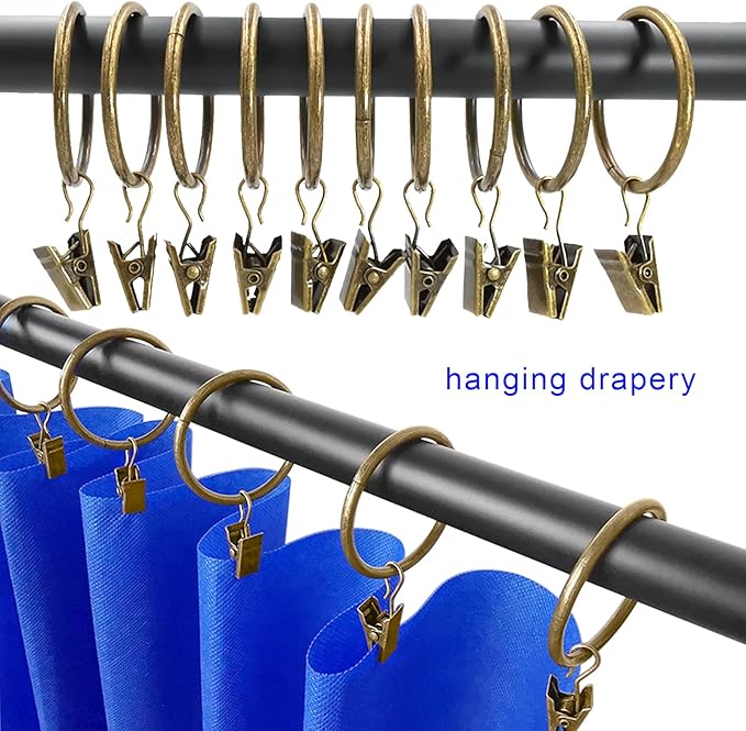 20 Pack Metal Curtain Rings with Clips, Curtain Clip Rings Hooks for Hanging Drapery Drapes Bows, Curtain Rod Rings 1.5 inch Interior Diameter, Bronze