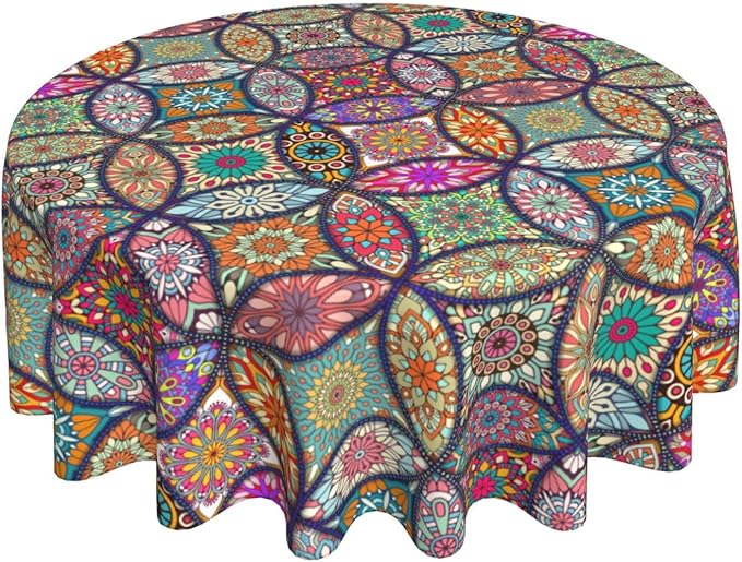 Mexican Ceramic Round Tablecloth, Colorful Talavera Tile Mandala Traditianal Boho Water Resisitant Wipeable Table Cover for Dining Kitchen Living Room Home Party Holiday Decor 60 inch Round