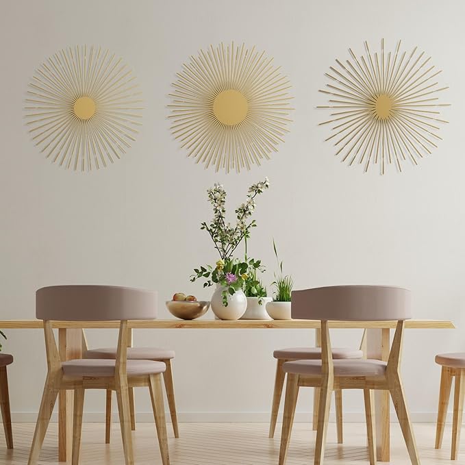 NEODECO Sun Rays-Triple Metal Wall Art, Geometric Sun Decor, Metallic colors, Large 3D wall sculpture, model BCD, Set of 3 (Gold, Large)