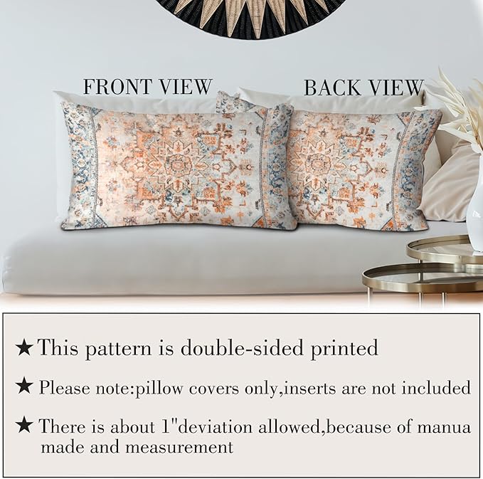 Boho Throw Pillow Covers 12x20 inch Set of 2,Boho Vintage Carpet Pattern Antique Ethnic Decor Double Sided Pattern Cushion Cover Soft Pillow Case Living Sofa Room Bed Square Pillow Cover