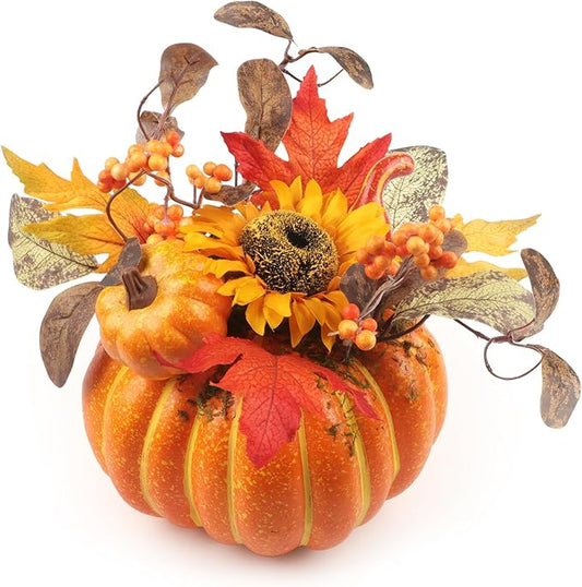 12 Inch Artificial Pumpkins Large Fake Pumpkin Decor Plastic Pumpkins Decorative with Sunflower Maple Leaf Berries Faux Pumpkin for Decorating Fall Harvest Thanksgiving Tables Centerpieces Decor