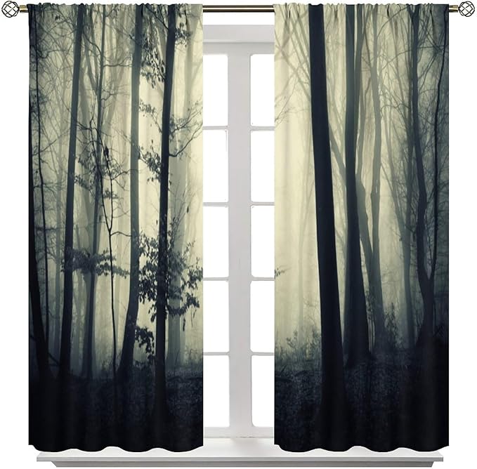 Gothic Forest Blackout Curtains, Nature Tree Scenery Foggy Woodland Landscape Art Printed Window Drapes, for Living Room Bedroom 42(W)*84(L) 2 Panels