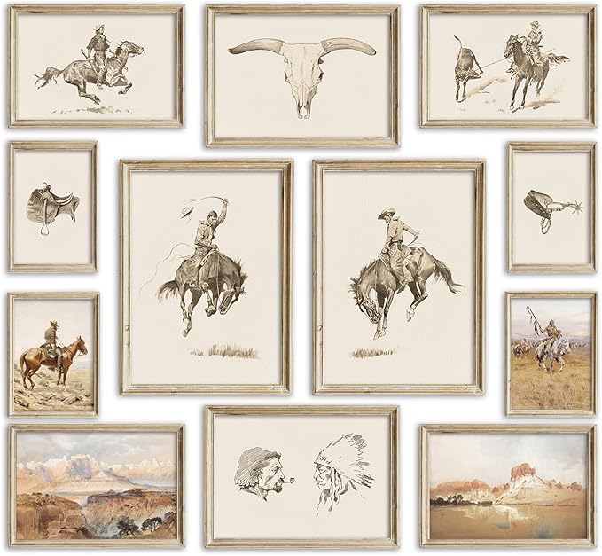 Kizbok Western Deor Vintage Farmhouse Cowboy Western Wall Decor, Retro Southwestern Wall Art Prints Country Cowboy Oil Paintings, Rustic Horse Riders Ranch Southwest Artwork Picture for Gallery Bedroom Bathroom western Home Decor (Set of 12, Unframed)
