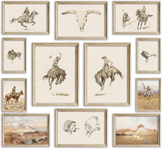 Kizbok Western Deor Vintage Farmhouse Cowboy Western Wall Decor, Retro Southwestern Wall Art Prints Country Cowboy Oil Paintings, Rustic Horse Riders Ranch Southwest Artwork Picture for Gallery Bedroom Bathroom western Home Decor (Set of 12, Unframed)