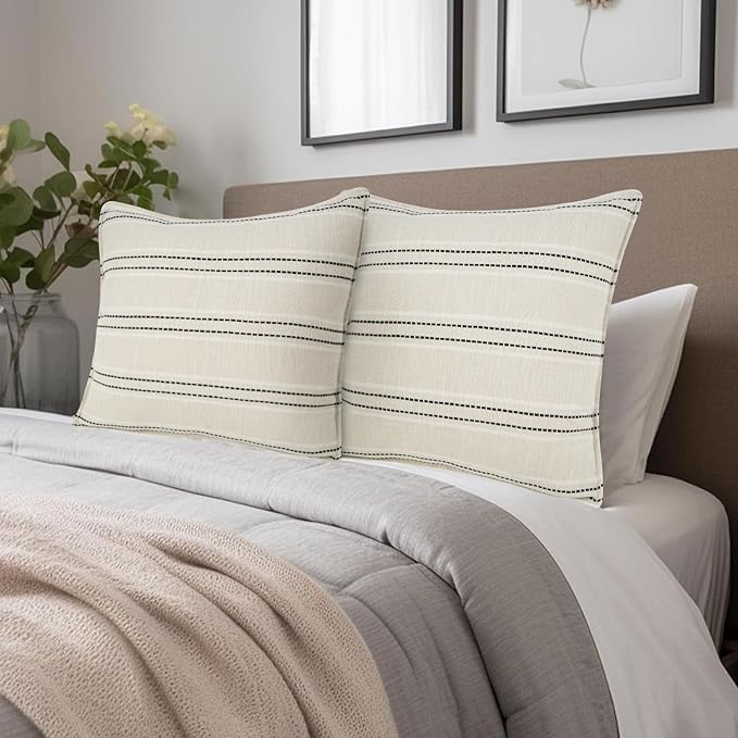 20X20 Decorative Farmhouse Linen Throw Pillow Covers, Boho Textured Pillow Case Set of 2 ,Beige with White & Black Stitch Yarn Dyed Stripe Cushion Cover ,Modern Accent Square Pillowcase for Sofa Couch